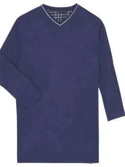 Pyjama T-Shirt De Nuit en coton marine uni avec une coupe droite et un col V