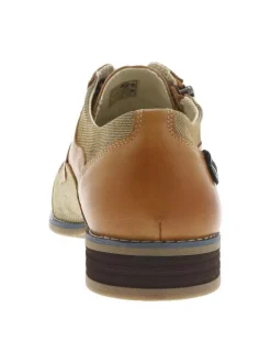 Richelieu en cuir camel à empiècements aspect denim et à talon décroché bas