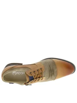 Richelieu en cuir camel à empiècements aspect denim et à talon décroché bas