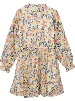 Robe courte blanche fleurie coupe cintrée col rond fendu avec des manches longues