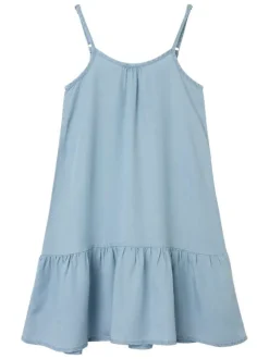Robe courte bleue unie à volants sur le bas avec une coupe droite fluide