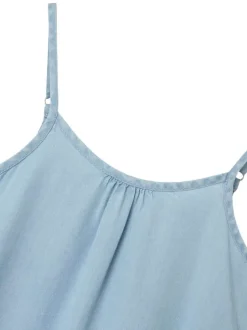 Robe courte bleue unie à volants sur le bas avec une coupe droite fluide