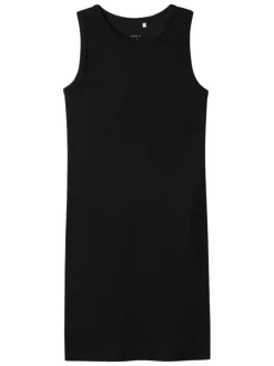 Robe courte en coton biologique noire côtelée à coupe près du corps sans manches