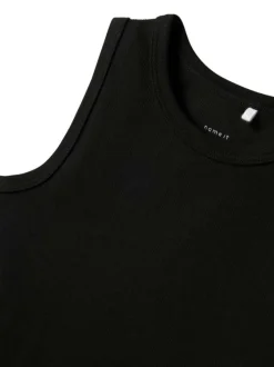 Robe courte en coton biologique noire côtelée à coupe près du corps sans manches