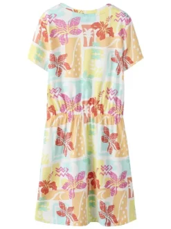 Robe courte en coton biologique multicolore à motifs pourvue d'une coupe évasée