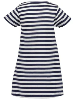 Robe courte en coton marine rayée coupe évasée col rond et licorne poitrine