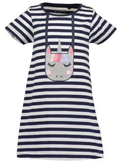 Robe courte en coton marine rayée coupe évasée col rond et licorne poitrine