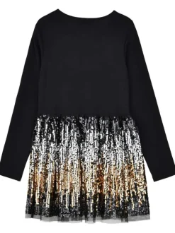 Robe courte en coton noire avec jupon en tulle et sequins avec un col rond