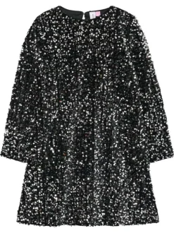 Robe courte noire avec sequins argentés brodés et manches longues