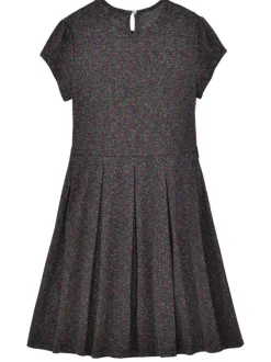Robe courte noire unie en lurex à coupe ajustée, col rond et à manches courtes