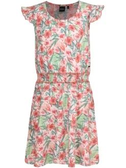 Robe courte rose fleurie coupe droite avec un col rond et une taille resserrée