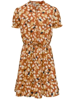 Robe courte rouille imprimée coupe droite col v et à manches courtes