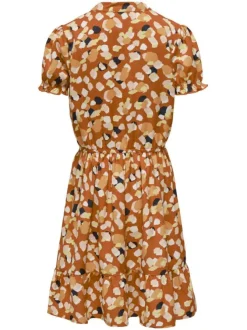 Robe courte rouille imprimée coupe droite col v et à manches courtes
