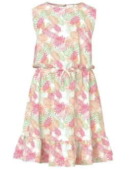 Robe courte sans manches blanche imprimée multicolore avec une coupe ajustée
