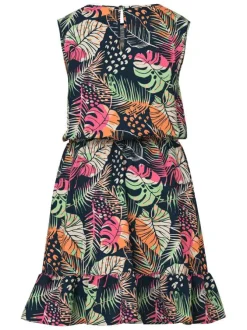 Robe courte sans manches marine à imprimé tropical avec une coupe ajustée fluide