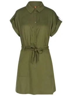 Robe chemise courte kaki unie avec une coupe ajustée et une ceinture