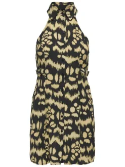 Robe chemise courte noire imprimée avec un col à revers et sans manches