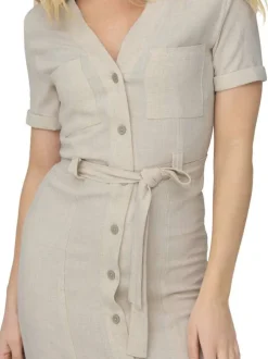 Robe chemise longue en lin mélangé écrue unie à col à revers et à coupe ajustée