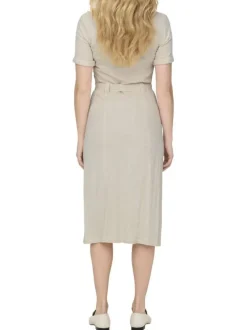 Robe chemise longue en lin mélangé écrue unie à col à revers et à coupe ajustée