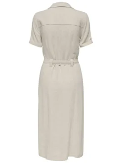 Robe chemise longue en lin mélangé écrue unie à col à revers et à coupe ajustée