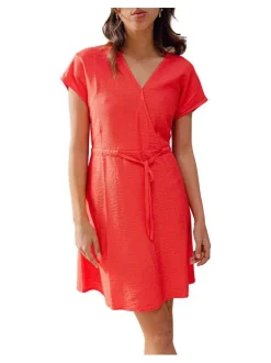 Robe courte Ariane rouge unie à coupe évasée col v et à manches courtes