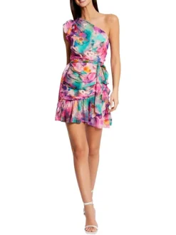 Robe courte asymétrique multicolore imprimé abstrait avec une coupe ajustée