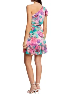 Robe courte asymétrique multicolore imprimé abstrait avec une coupe ajustée