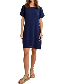 Robe courte avec des manches courtes marine unie une coupe droite et un col rond