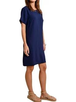 Robe courte avec des manches courtes marine unie une coupe droite et un col rond
