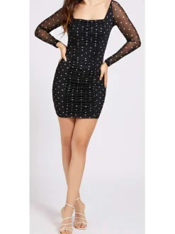 Robe courte avec imprimé micro pois et détail smockée pour femme Noir coupe moulante