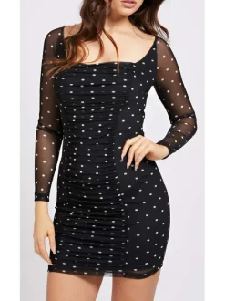 Robe courte avec imprimé micro pois et détail smockée pour femme Noir coupe moulante