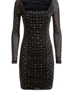 Robe courte avec imprimé micro pois et détail smockée pour femme Noir coupe moulante