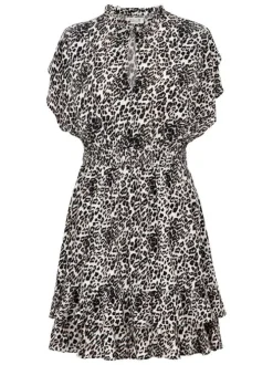 Robe courte beige avec des imprimés léopard une coupe évasée et un col en v