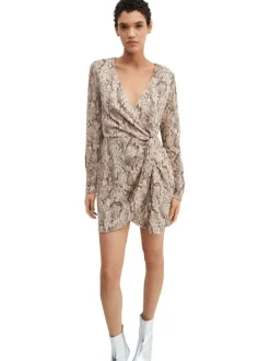 Robe courte beige avec un imprimé animal un col cache-coeur et à manches longues