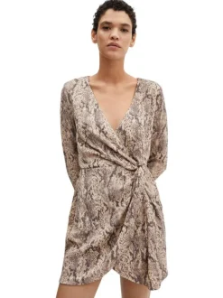 Robe courte beige avec un imprimé animal un col cache-coeur et à manches longues