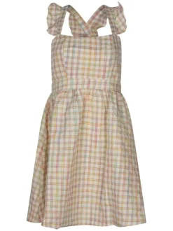 Robe courte beige carreaux coupe évasée et col carré à bretelles