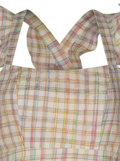 Robe courte beige carreaux coupe évasée et col carré à bretelles