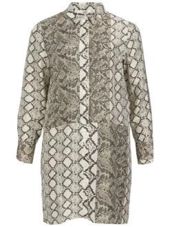 Robe courte beige imprimée avec une coupe droite et un col français