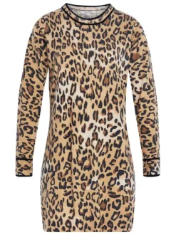 Robe courte beige à motif léopard avec une coupe moulante et un col rond