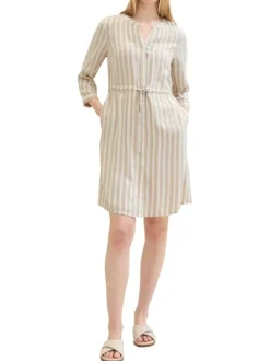 Robe courte beige rayée coupe droite col tunisien et à manches longues