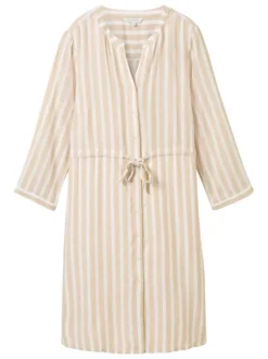 Robe courte beige rayée coupe droite col tunisien et à manches longues