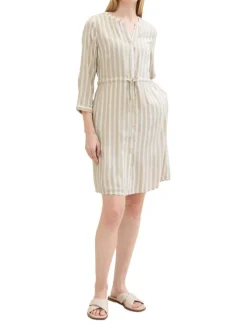 Robe courte beige rayée coupe droite col tunisien et à manches longues