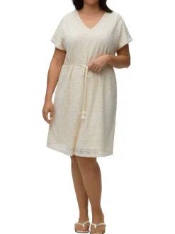 Robe courte beige unie pourvue d'une coupe évasée et de manches courtes