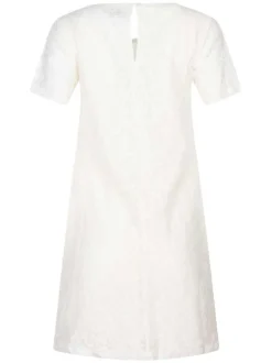 Robe courte blanche en dentelle à coupe droite col rond et à manches courtes