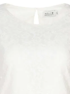 Robe courte blanche en dentelle à coupe droite col rond et à manches courtes