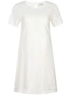 Robe courte blanche en dentelle à coupe droite col rond et à manches courtes