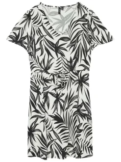 Robe courte blanche à imprimé feuilles, coupe droite, col v et à manches courtes