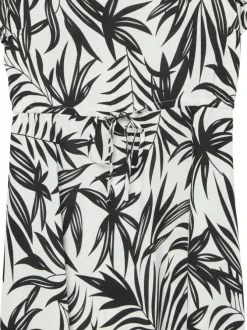 Robe courte blanche à imprimé feuilles, coupe droite, col v et à manches courtes
