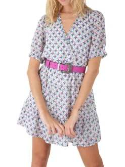 Robe courte blanche motif fleur géométrique à coupe évasée et col cache-coeur