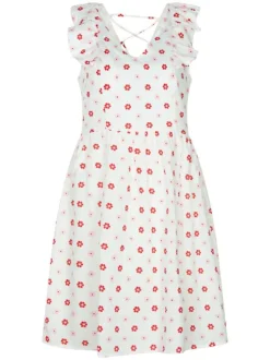 Robe courte blanche à motif floral rétro all-over coupe babydoll col v sans manches